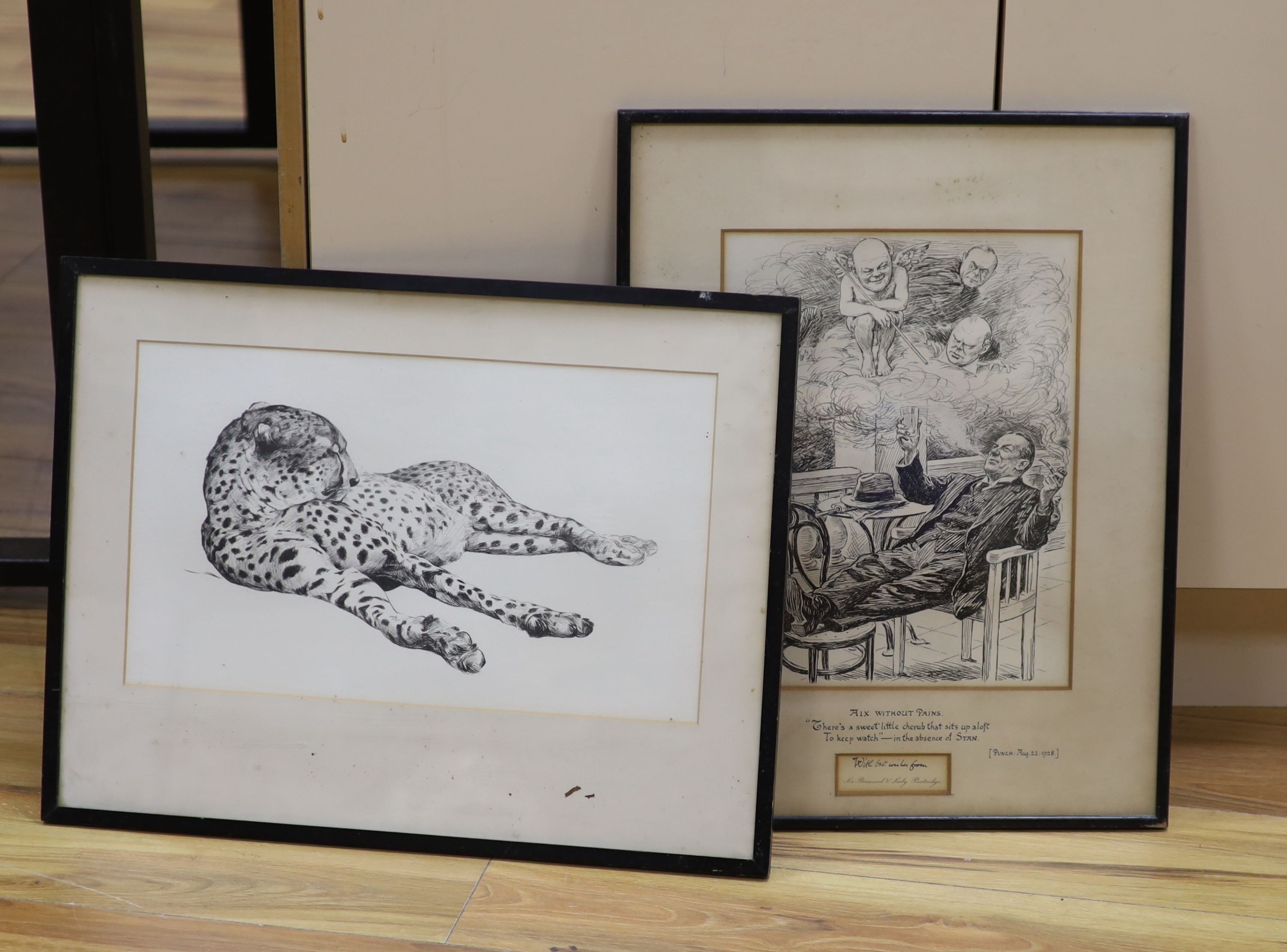 Bernard Partridge (1861-1945), pen and ink, Punch cartoon from 1928, 'Aix without pains', signed, 34 x 26cm and a print of a leopard, 26 x 43cm